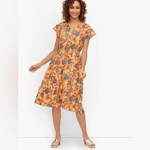 Talbots SMOCKED FIT & FLARE DRESS 6 CLIMBING FLORAL Orange Pink Blue Spring